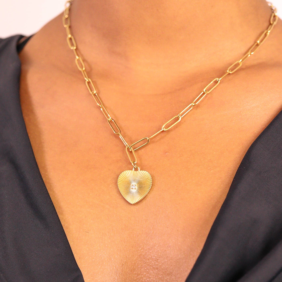Sunburst CZ Heart Paperclip Necklace | 18K Gold PVD