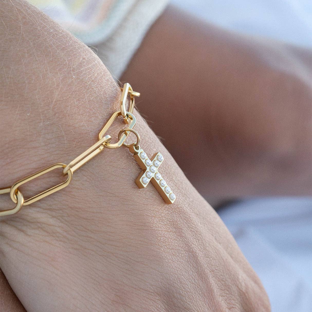 Pearl Beaded Cross Charm | Waterproof Faith Charm