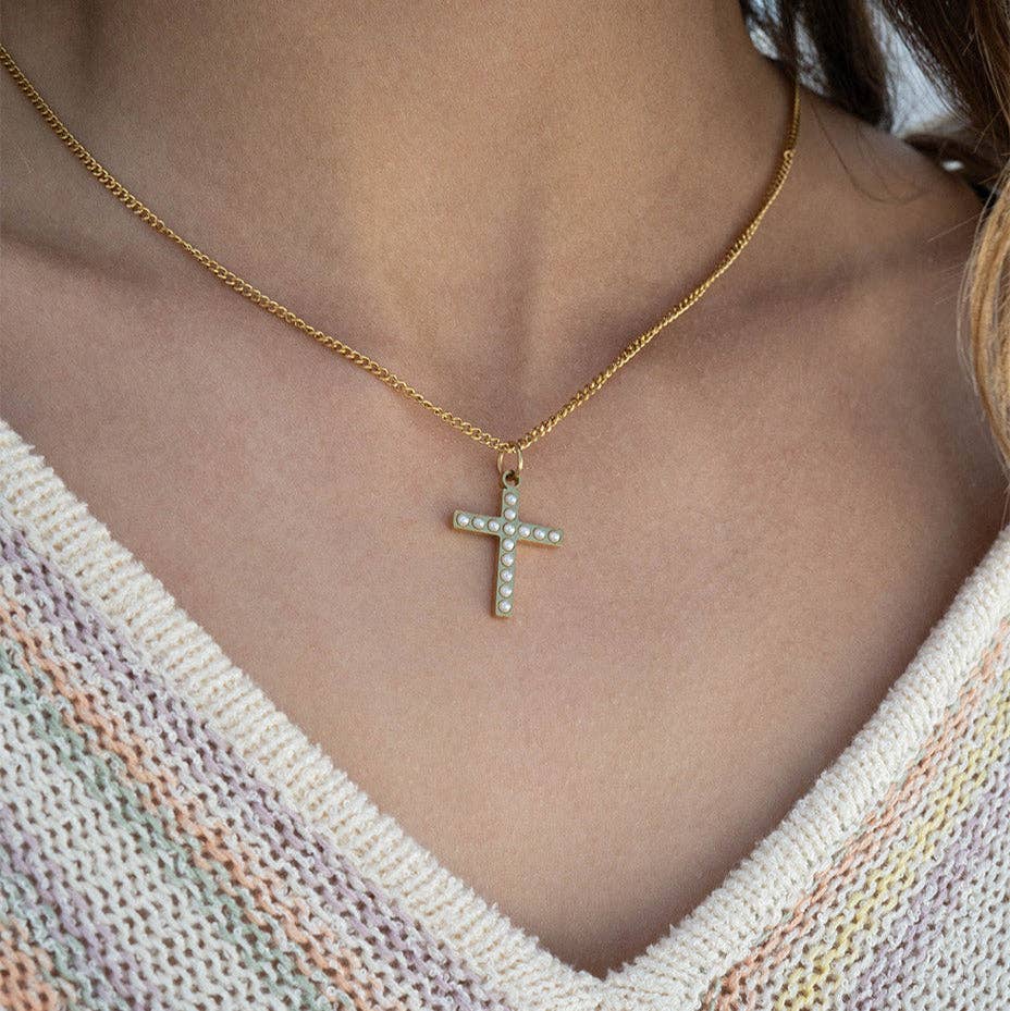 Pearl Beaded Cross Charm | Waterproof Faith Charm