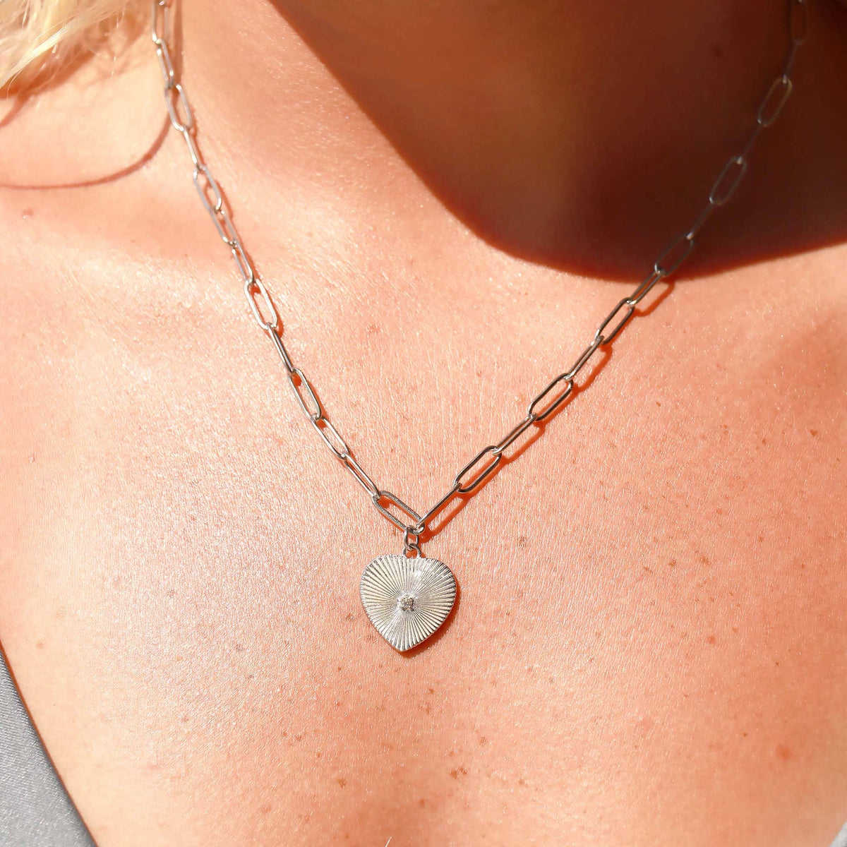Sunburst CZ Heart Paperclip Necklace | 18K Gold PVD