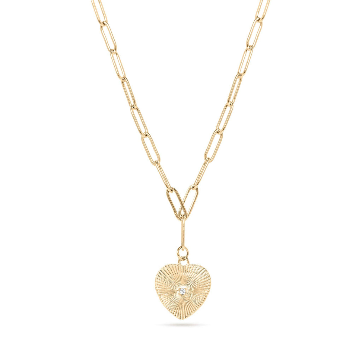 Sunburst CZ Heart Paperclip Necklace | 18K Gold PVD
