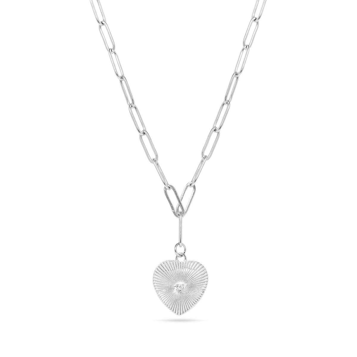 Sunburst CZ Heart Paperclip Necklace | 18K Gold PVD