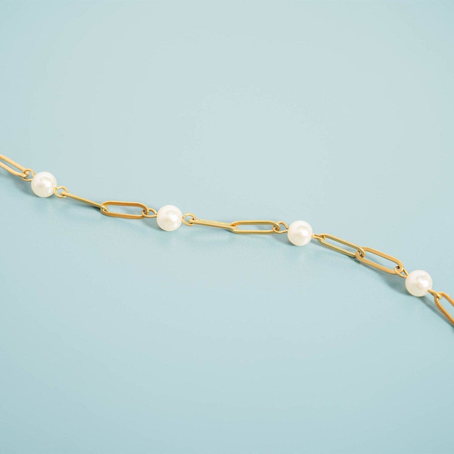 Gold pearl paperclip bracelet 