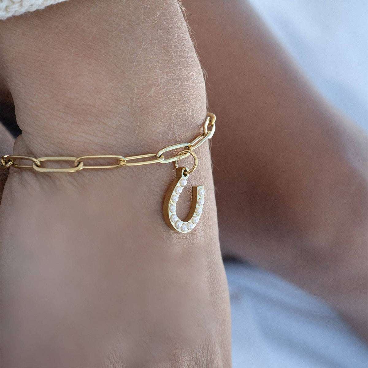 Pearl Beaded Horseshoe Charm | 18K Gold PVD