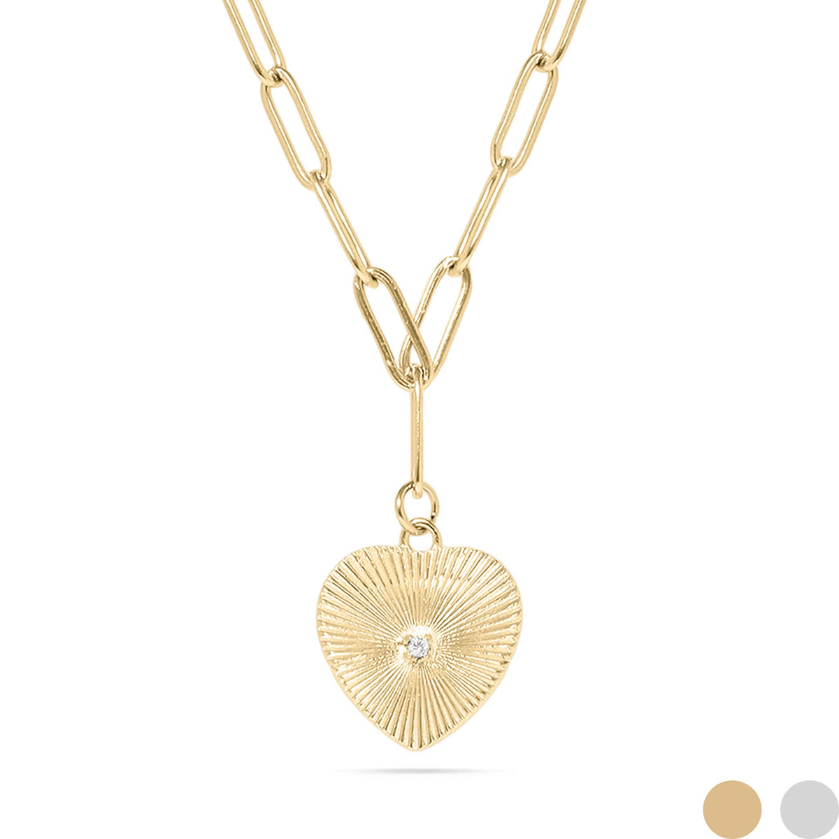 Sunburst CZ Heart Paperclip Necklace | 18K Gold PVD