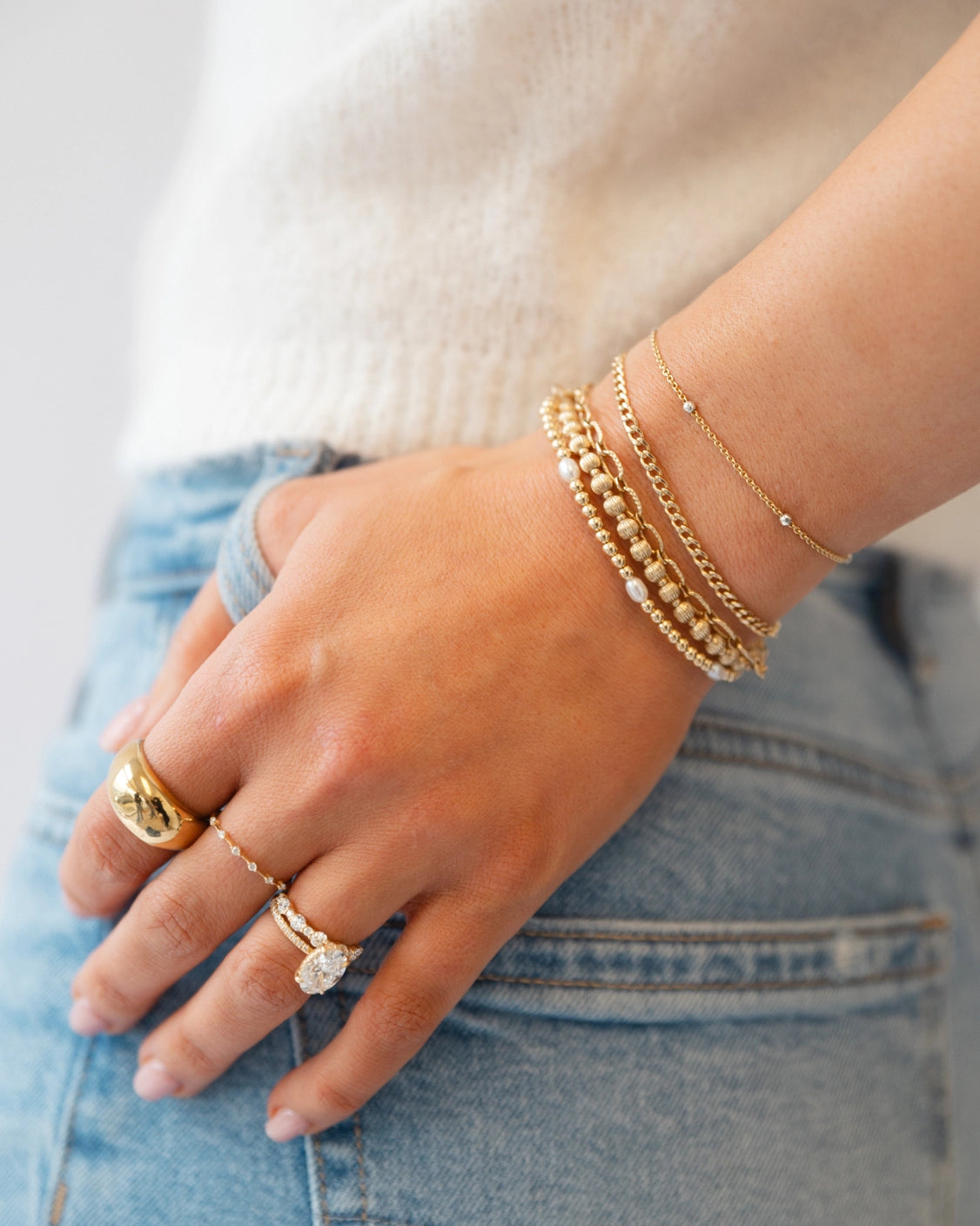 Close-up of genuine freshwater pearls and 14K gold-filled beads on pearl bracelet
