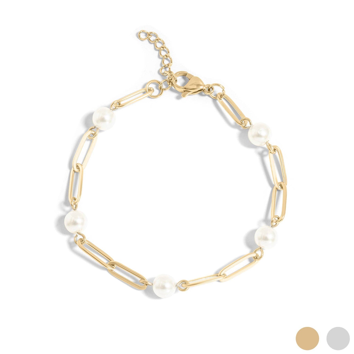 Genevieve Pearl Paperclip Bracelet featuring luminous pearls on a gold paperclip chain