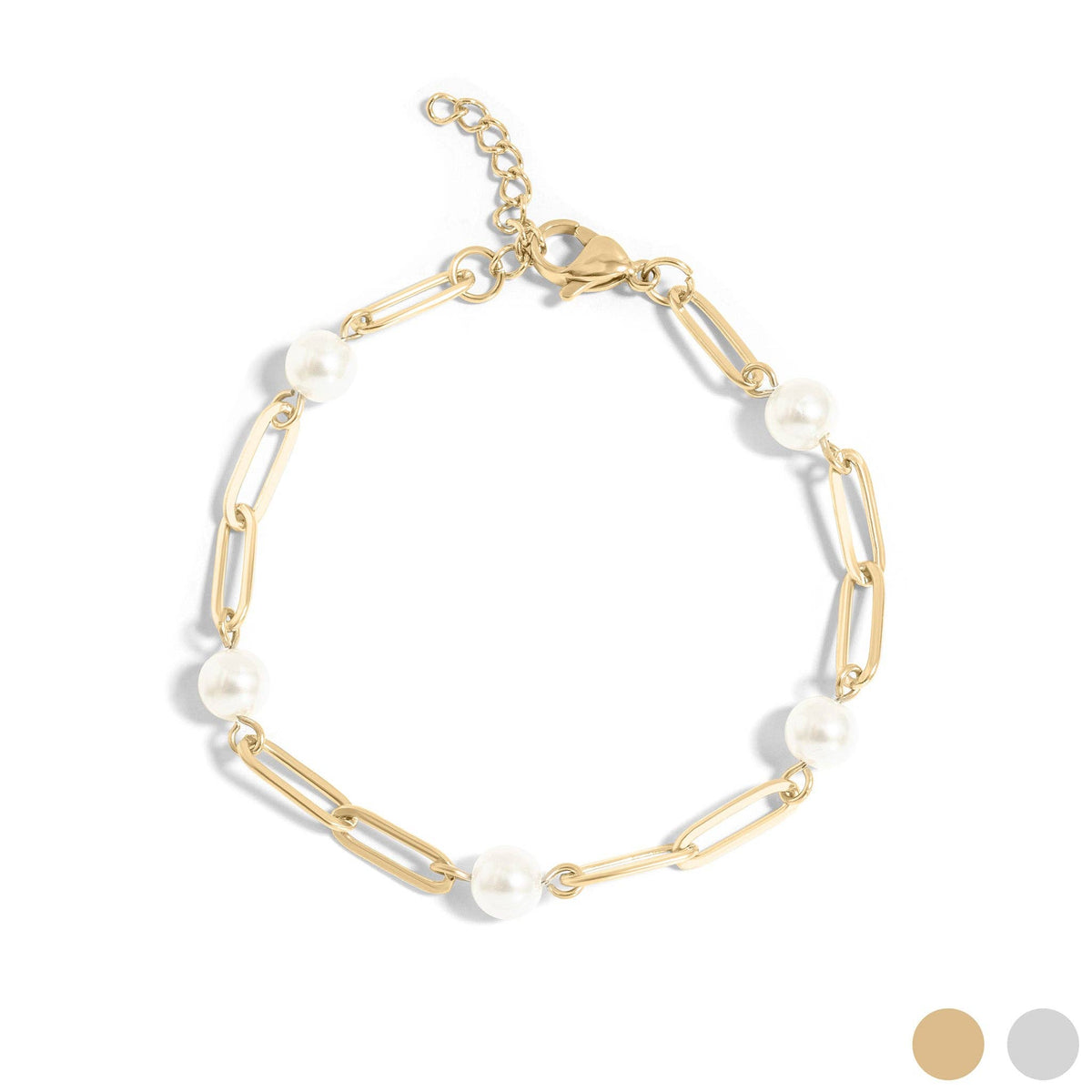 Genevieve Pearl Paperclip Bracelet featuring luminous pearls on a gold paperclip chain