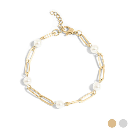 Genevieve Pearl Paperclip Bracelet featuring luminous pearls on a gold paperclip chain