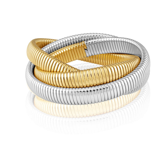 Infinity two-tone layered bracelet with gold and silver snake chain design