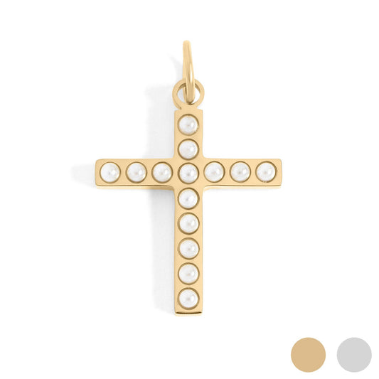 Pearl beaded cross charm with waterproof 18K gold PVD finish