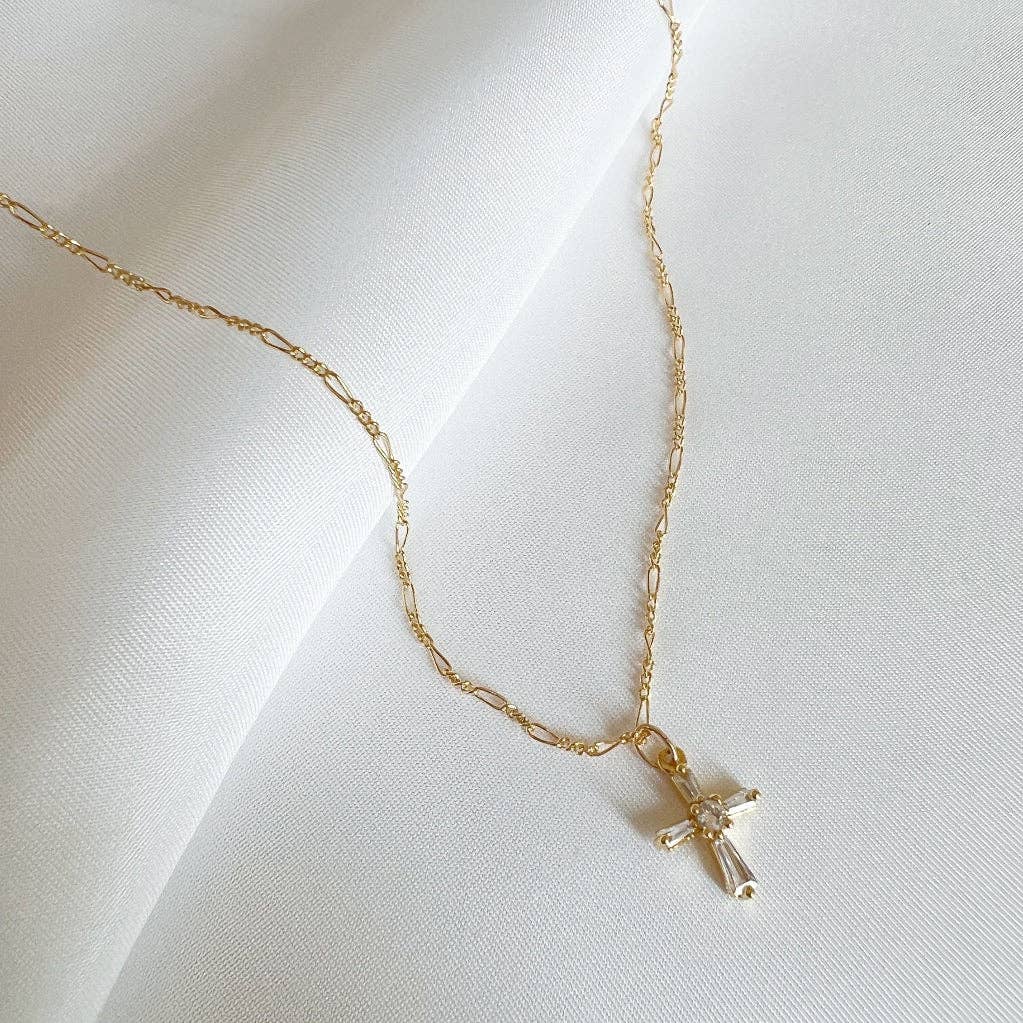Petite Gold Baguette Cross Necklace on a 14K gold-filled Figaro chain