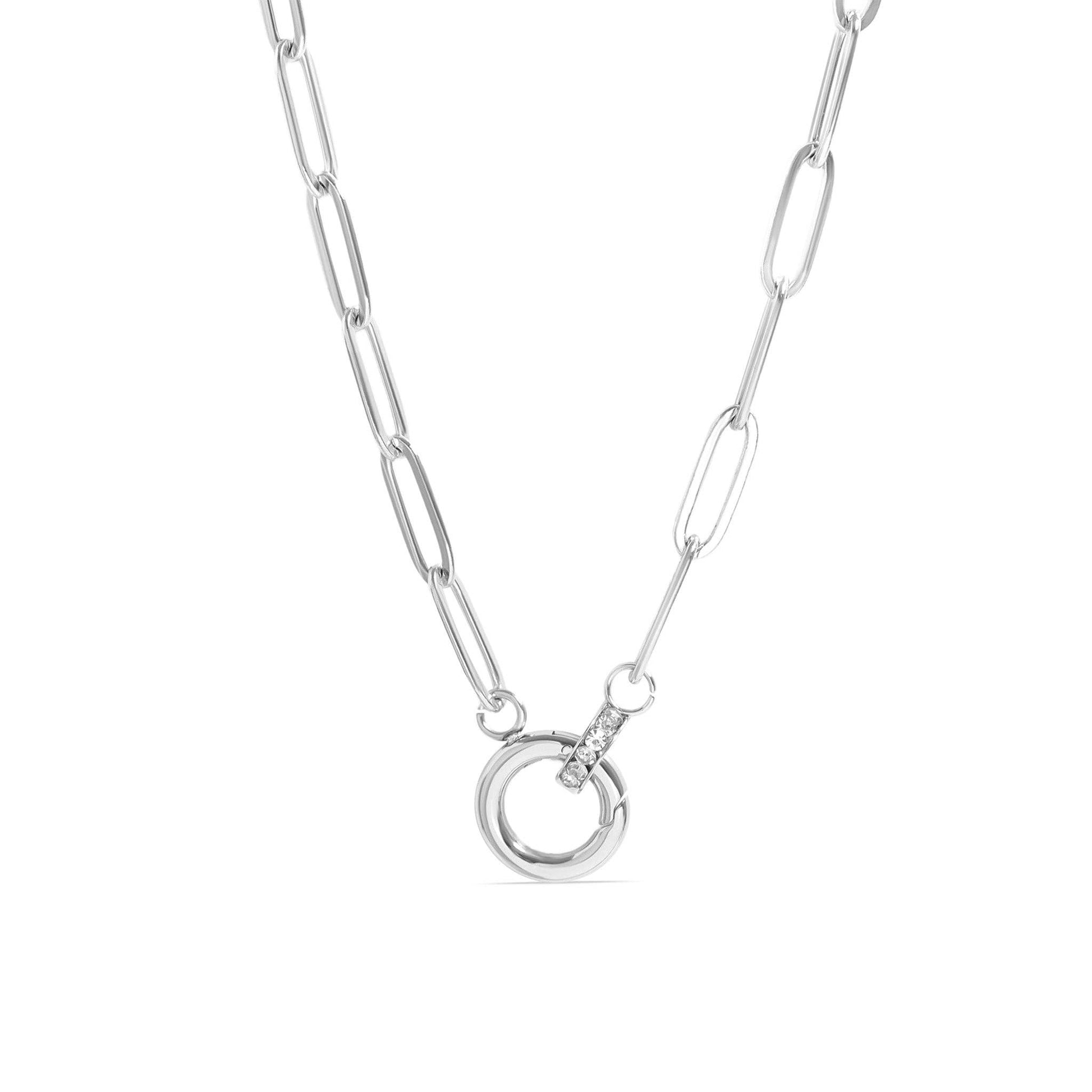 Close-up of rhinestone carabiner charm holder necklace