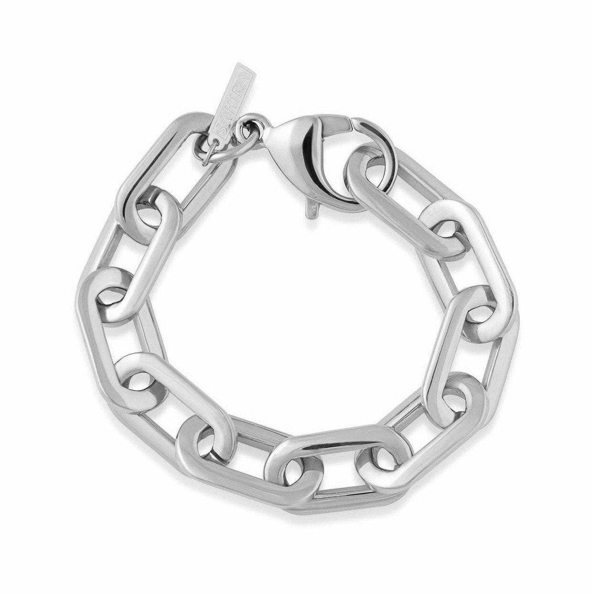 Close-up of polished silver chain links on the Chunky Jenna Bracelet