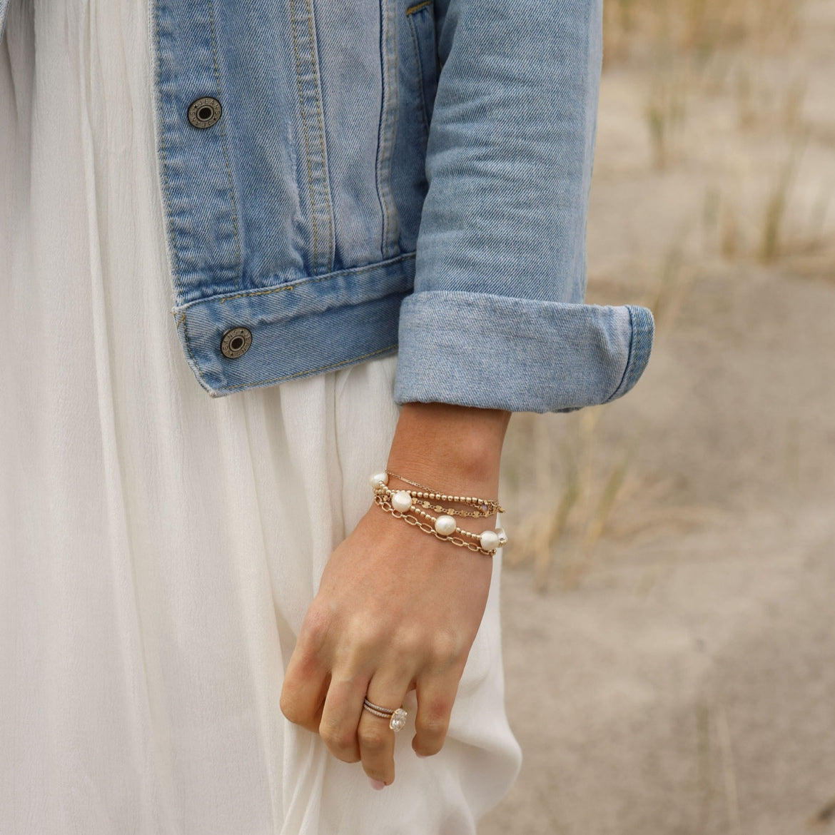 Southern Belle pearl bracelet styled with elegant everyday jewelry