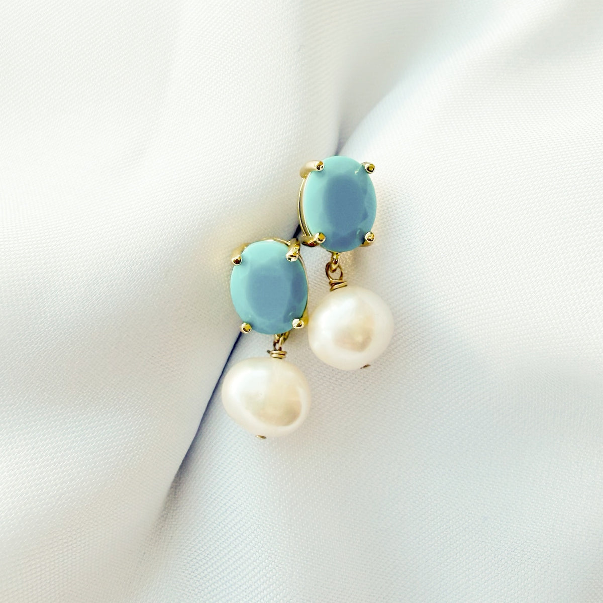 Handmade turquoise pearl earrings with genuine freshwater pearls and gold-filled posts